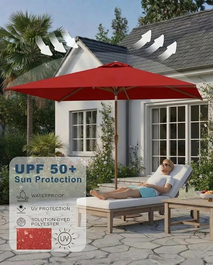 6.5x10FT Patio Umbrella, Outdoor Umbrella with Push Button Tilt and Crank, 8 Sturdy Ribs, UV Protection & Waterproof Market Umbrella for Pool, Backyard, Beach,Deck (Red)