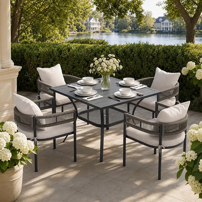 VICLLAX Patio Dining Set, 37.8" Black Table & 4 Chairs with Wheat Cushion | Outdoor Table and Chairs Set of Square Metal Patio Table, Outdoor Dining Chairs with Metal Frame, Garden Deck Porch