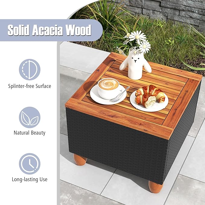 Tangkula 3 Pieces Patio Porch Furniture Set, PE Rattan Wicker Chair Conversation Set with Cushions and Storage Table, Outdoor Acacia Wood Bistro Set for Garden, Poolside (Black)