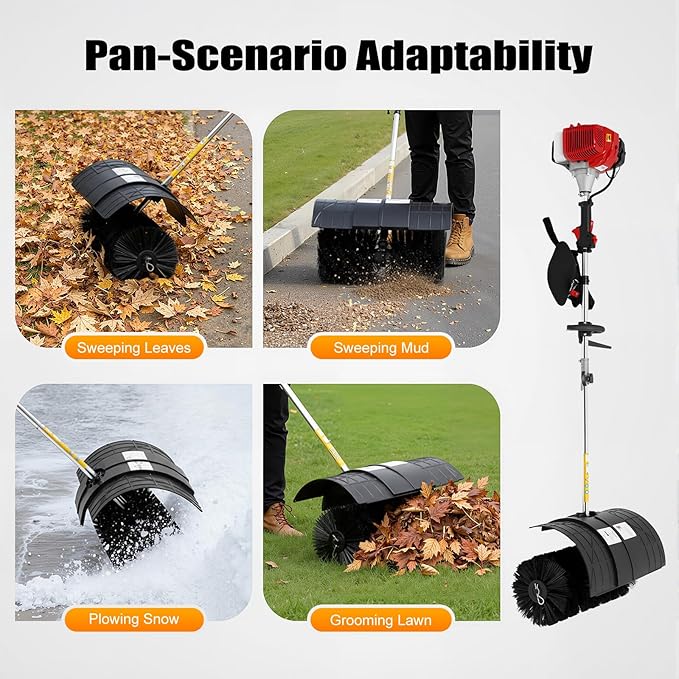 Gas Power Broom 52cc 2hp Hand Held Artificial Lawn Sweeper Gasoline Powered Outdoor Walk Behind Sweeper, for Dirt Grass Leaves Lawn Debris Artificial Turf & Light Snow