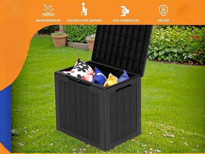 30 Gallon Resin Deck Box Outdoor Storage Box with Lockable Lid, Waterproof Patio Storage Bench for Cushions, Garden Tools, Rattan Design, UV Resistant, Easy Assembly
