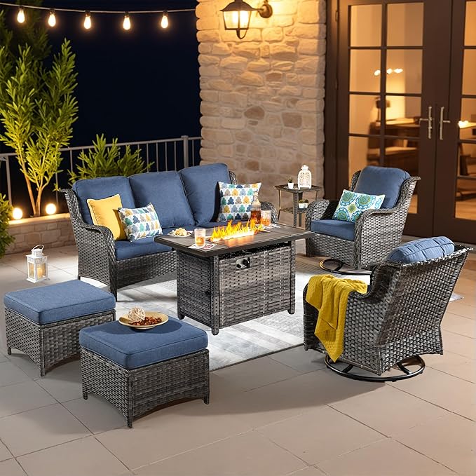 ovios 7-Pieces Patio Furniture Set with 42 Inch Fire Pit Table Swivel Chairs, Outdoor Wicker Sofa Couch Gliders Rocker, High Back Modern Conversation Set, Grey Rattan, Denim Blue