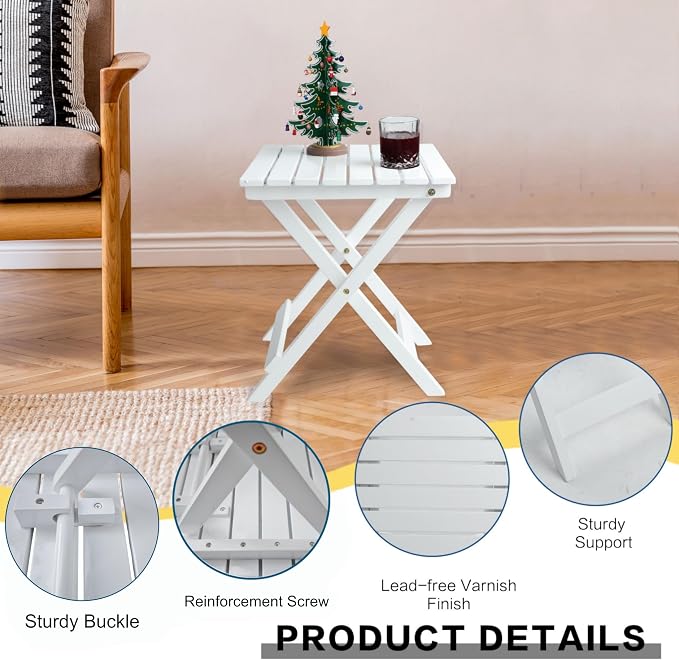 Outdoor Wooden Side Table, Folding Patio End Table Set of 2, Small Square Furniture Table for Adirondack Chair, Balcony, Porch, No Assembly, White