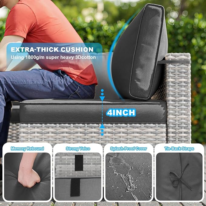 7-Piece Patio Furniture Set, Outdoor Sectional with Thick Cushions, Modular Patio Sofa, Dual-Strand Wicker Rattan, Rust-Resistant Frame, Backyard Furniture for Garden, Deck, Dark Black