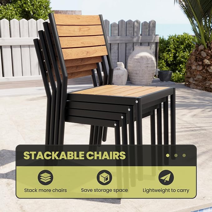 Crestlive Products Stackable Outdoor Dining Chairs Set of 2, All Weather Armless Patio Chairs with Aluminum Frame Woodgrain Seat and Back for Lawn Garden Backyard Deck Porch Yard, Brown
