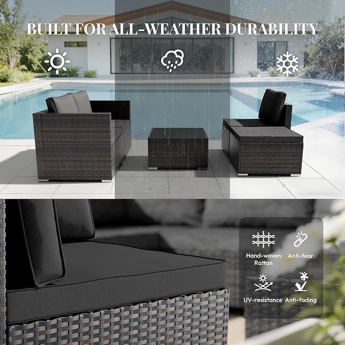 WWR Patio Furniture Set 5 Piece - Wide Armrests - All-Weather Wicker Rattan Outdoor Conversation Couch Sets, Modular Sectional Sofa for Garden, Patio, Poolside, Backyard, Balcony, Porch