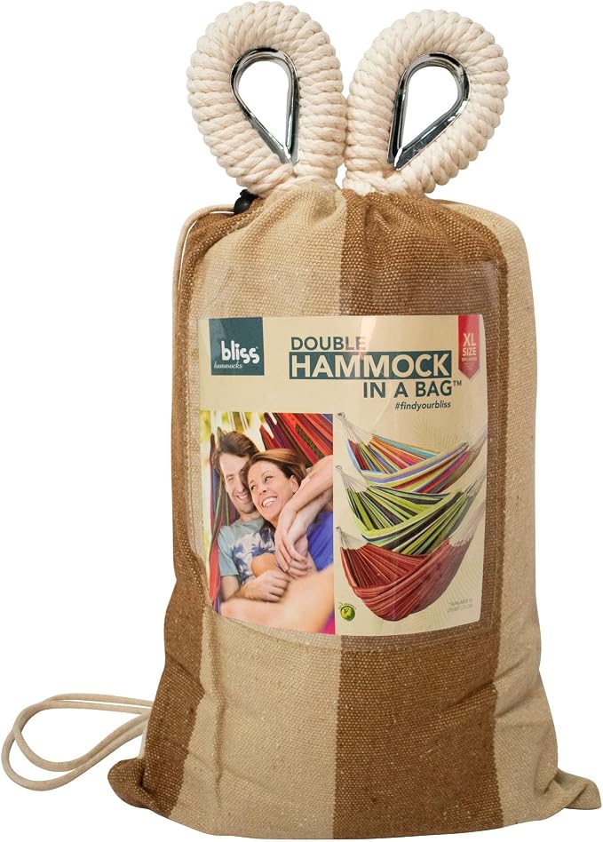 Bliss Hammocks BH-401-CP Double Hammock in a Bag, for Camping, Hiking and Outdoors, Portable, Durable, Eco-Friendly Hand-Woven Cotton and Polyester, Supports up to 265-Pounds, Cappuccino Stripe