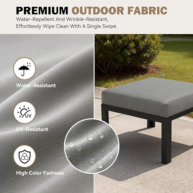 HOMREST Oversized Metal Outdoor Ottoman, 2-Piece Aluminum Footstool w/Removable Cushion, Multipurpose Footrest Stool Additional Seating, Set of 2 Outdoor Ottomans for Patio Deck (Gray)