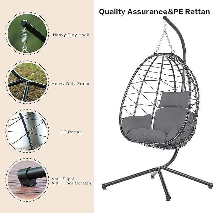 Hanging Egg Chair with Stand, Comfy Indoor/Outdoor Rattan Swing Hammock Chairs, 350lbs Capacity for Patio, Bedroom, Garden (Gray)