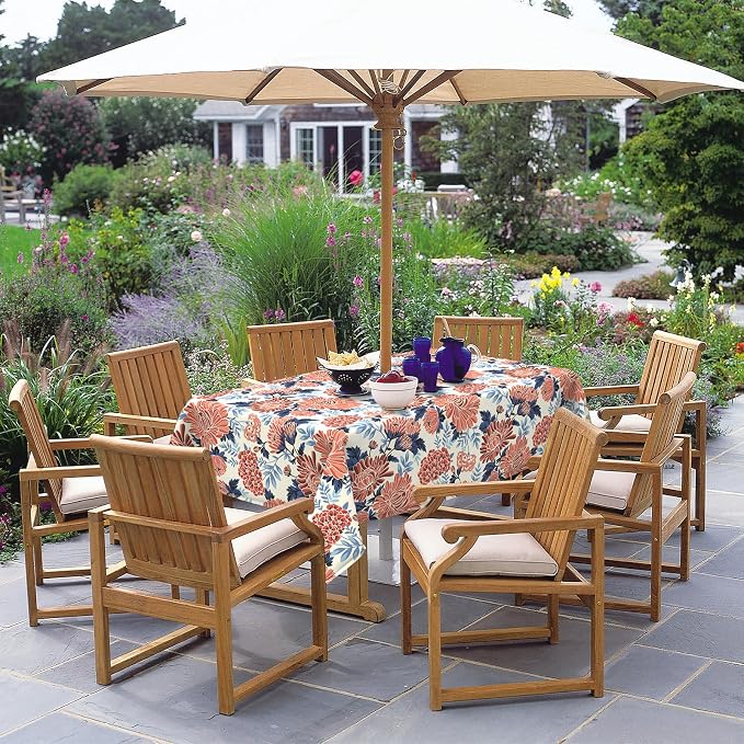 DYTXIII Outdoor Rectangle Tablecloth with Umbrella Hole and Zipper 84" x 60", Water Repellent Floral Picnic Cover, Fade & Wrinkle Resistant Tablecloth for Patio/Garden/Party Table, Red Chrysanthemum