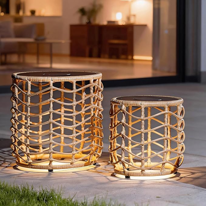 PROHIKER Solar Nesting Tables with Built-in Lights Set of 2, Outdoor PE Rattan Side End Table, Coated Steel Frame, 250lbs Capacity, All Weather for Patio, Porch, Garden, Balcony, Indoor