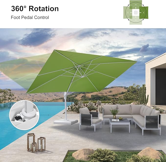 PURPLE LEAF 10' × 13' Patio Umbrella With Base White Cantilever Umbrella Square Outdoor Offset Umbrella Windproof with 360° Rotation for Garden Deck Pool, Macaw Green