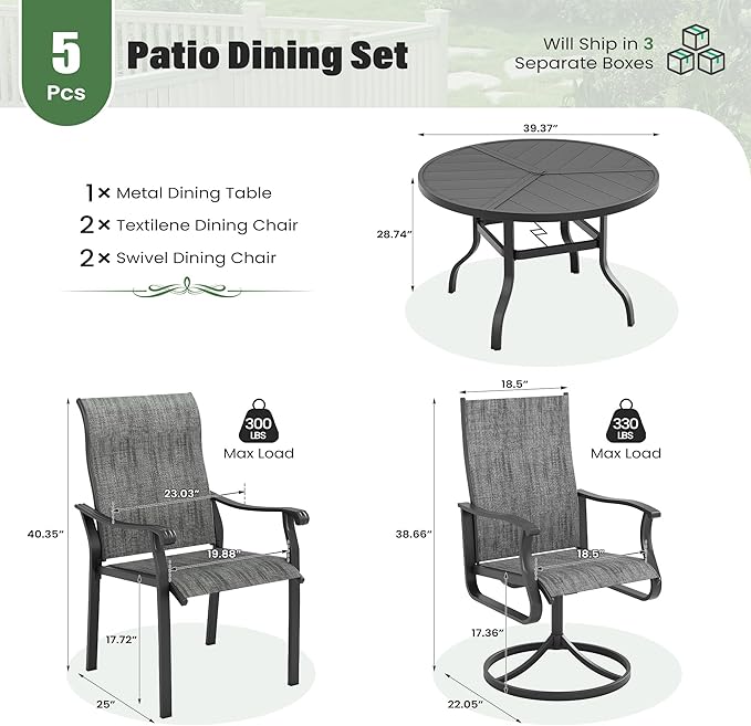 UDPATIO 5 Piece Outdoor Patio Table and Chairs Set for 4, 39" Black Round Table with Umbrella Hole, Gray Patio Chairs, Patio Table with Chairs, Outdoor Patio Dining Set for Lawn, Backyard, Deck