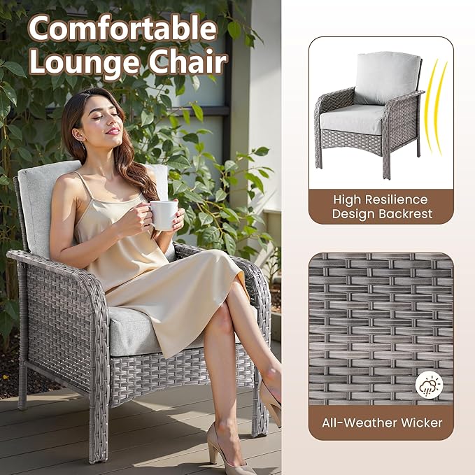 6 PCS Outdoor Patio Furniture Set with Glass Table, All-Weather Rattan Wicker Outdoor Conversation Set with Thickened Cushions for Balcony Backyard Garden Lawn,Grey