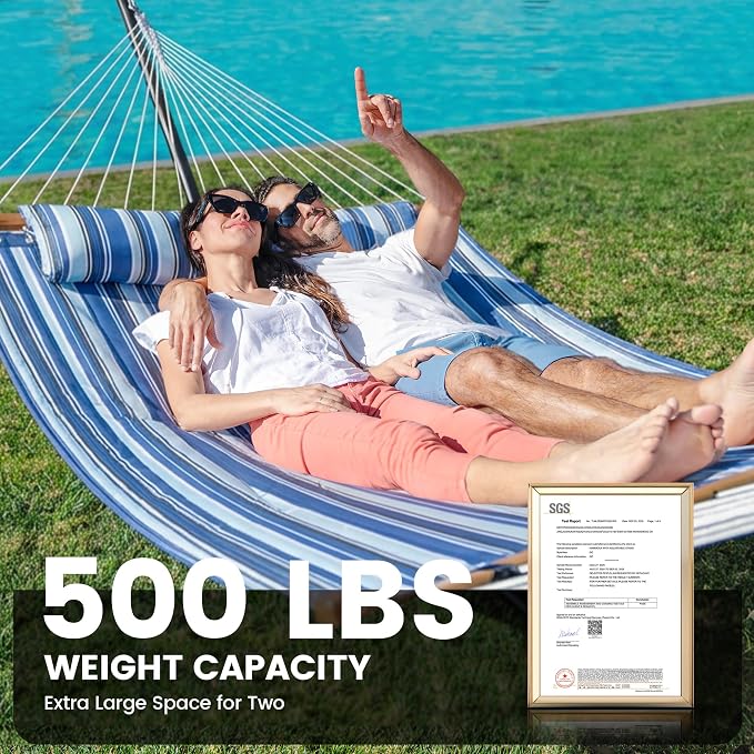 ANAGOO Double Hammock with Stand, Heavy Duty Outdoor Hammock for Two, 500 LBS Capacity, Stable Steel Frame with Balance Strap, Easy Tool-Free Assembly for Patio, Garden, Backyard & Beach,Blue