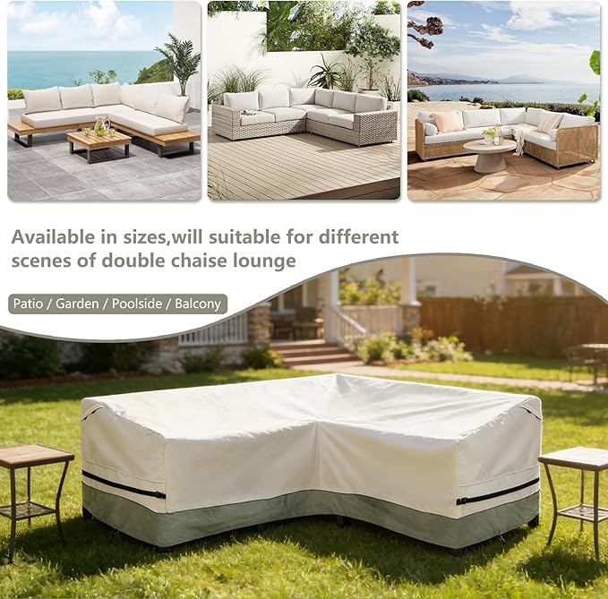 okcool Outdoor Sectional Sofa Cover Waterproof-V-Shaped Patio Furniture Covers for 7-Seater Outdoor Sectional Furniture Couch（105''X105''）,White&Grayish Green