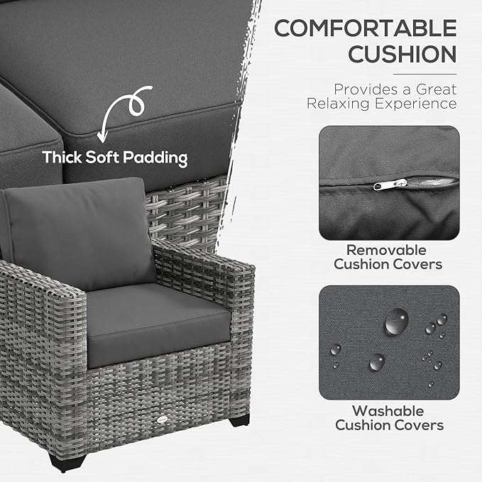 Outsunny 5 Piece Patio Furniture Set with 30" Fire Pit Coffee Table, Wide Deep PE Rattan Wicker Outdoor Conversation Sofa Set with Cushions, Dark Gray