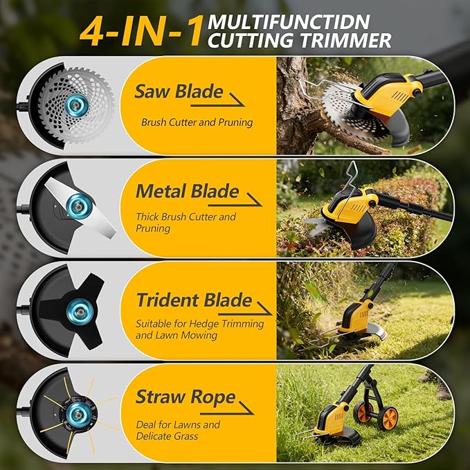 Electric Weed Wacker Cordless, Electric String Trimmer with 3 Types Blades & Removable Auxiliary Wheels, Brush Cutter & Grass Trimmer & Lawn Edger with for Garden Yard (YellowA)