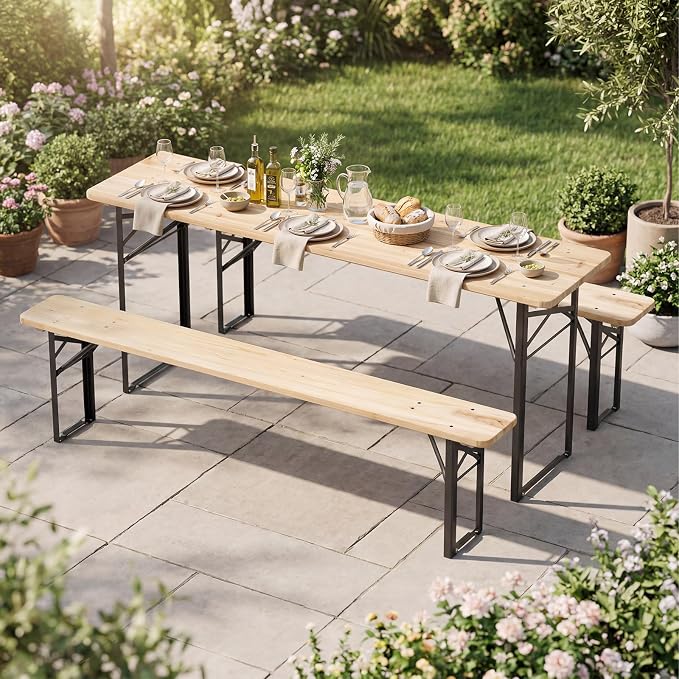COSTWAY Folding Wood Picnic Table, Foldable Long Narrow Picnic Table with Benches Set for 4-6 People, Wooden Beer Table Metal Frame for Outdoor BBQ Party, Garden, Backyard