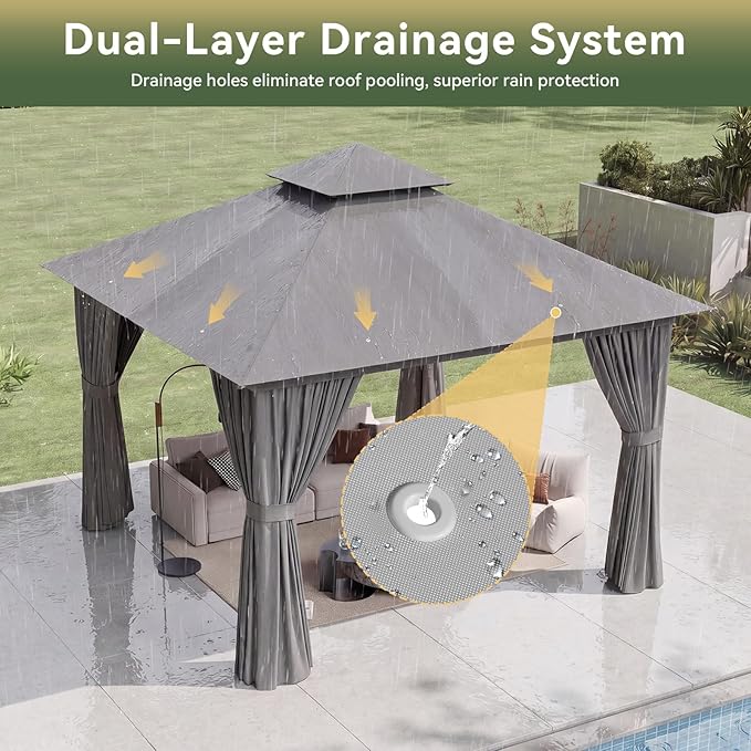 10'x10' Gazebo, Outdoor Gazebo Metal Frame Canopy with Double Roofs, Heavy Duty Patio Tent Shelter with Mosquito Netting and Privacy Screen for Backyard, Grey