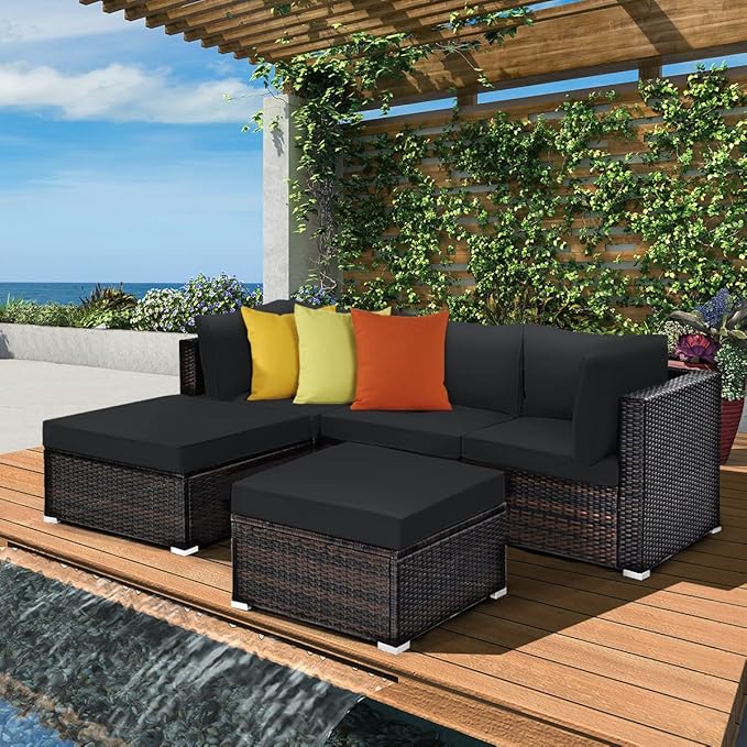 COSTWAY 5-Piece Outdoor Patio Furniture Set, Side Table, Ottoman and Lounge Sofa with Cushions, PE Rattan Conversation Set for Garden, Deck, Backyard (Black)