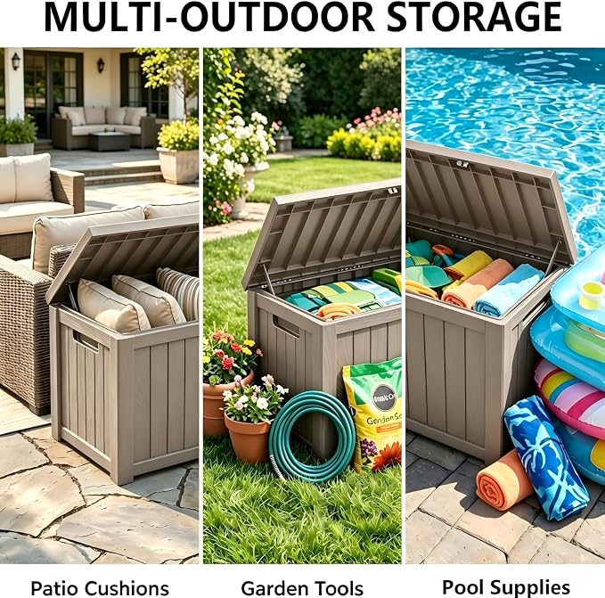 150 Gallon Resin Outdoor Storage Box for Garden Tools, Pool Supplies & Patio Cushions – Waterproof & UV-Resistant, Durable Material – Lockable (Brown)