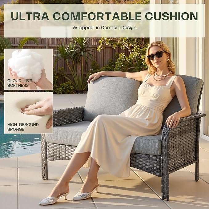 4-Piece Patio Furniture Set, Outdoor Wicker Furniture with Coffee Table, All Weather High Back Loveseat Patio Chairs, Modern Rattan Outdoor Chairs Conversation Set for Porch, Balcony, Garden,Dark Gray