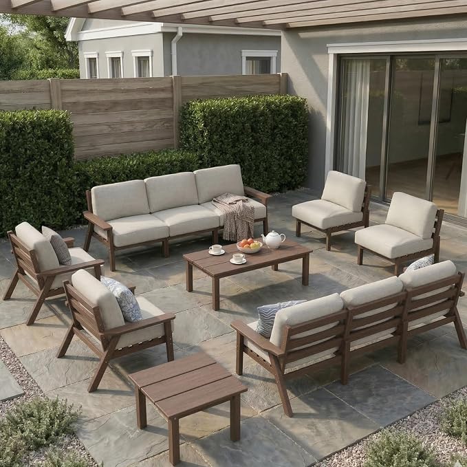 HDPE Patio Furniture Set 10 Seats, Outdoor Couch with Washable Thick Beige Cushions & Coffee Table & Side Table, Outdoor Sectional Furniture for Backyard, Deck, Lawn, Porch (Brown Frame)