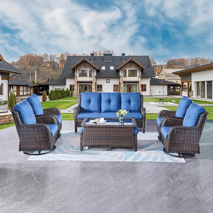 Rilyson Wicker Patio Furniture Set - 8 Piece Rattan Outdoor Sectional Conversation Sets with 4 Swivel Rocking Chairs,2 Ottomans,1 Sofa and 1 Coffee Table for Porch Deck Garden(Brown/Blue)