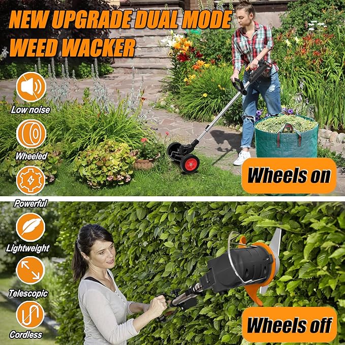 Weed Wacker Cordless Electric Weed Eater Battery Powered, Lightweight No-String Weed Trimmer with 2 Batterys & Wheels, 3 in 1 Stringless Grass Trimmer/Edger/Brush Cutter for Garden Yard Lawn