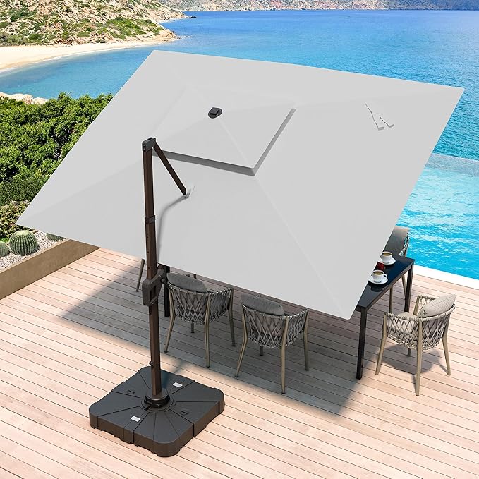 JZAC & QZYD 10X13 FT Outdoor Cantilever Patio Umbrella with LED Lights, Large Heavy Duty 2-Tier Aluminum Offset Umbrellas with 360-Degree Rotation for Pool Deck, FogGrey