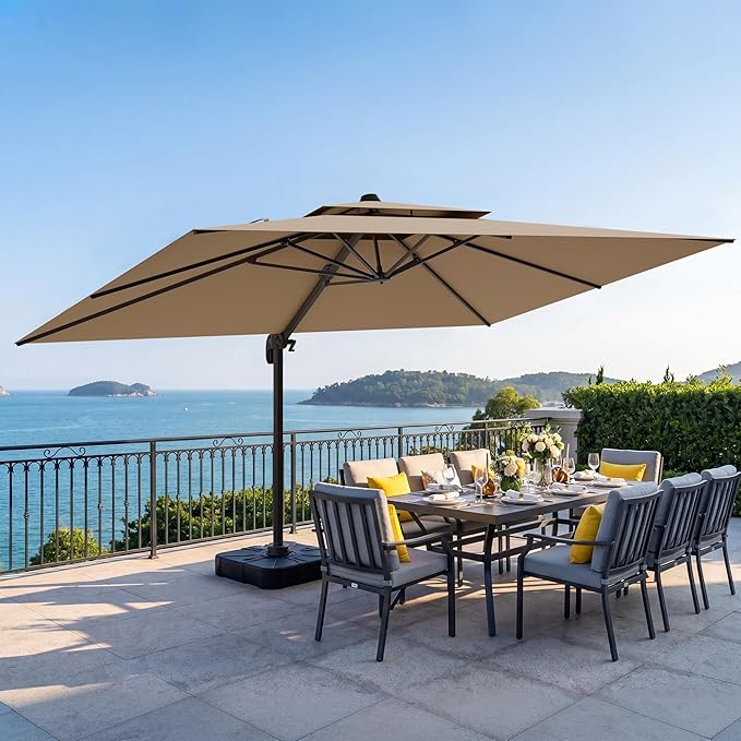 10x13 FT Patio Cantilever Umbrella (Base Not Included) (Base Not Included), Rectangular Heavy Duty Offset Umbrella for 8-10 People, 360°Rotation & Mult Tilt, Double Top Design, for Pool Garden Deck (Tan)