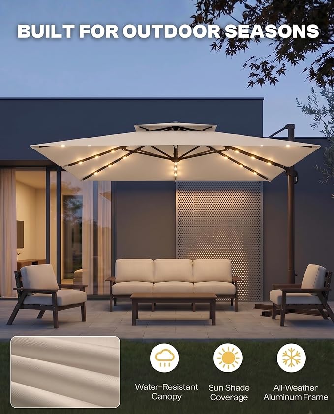 10FT Cantilever Patio Umbrella with Solar Lights, Large Outdoor 2 Tier Aluminum Offset Square Umbrellas 360 Degree Rotation for Garden Deck Pool