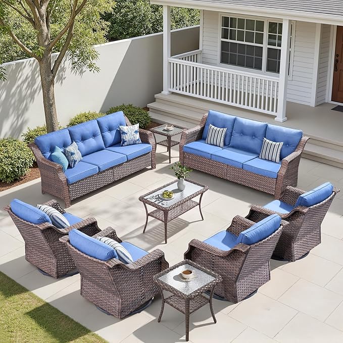 Outdoor Swivel Rocking Chair Set (9-Piece), Rocking Chair with Sofa and Coffee Table Set, Crafted from PE Rattan with an Elegant Side Table, Ideal for Gardens and Patios, Brown/Blue