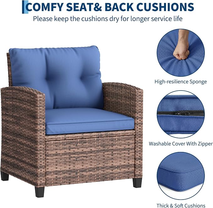 GarveeHome 3-Piece Outdoor Wicker Sofa Set, PE Rattan Patio Furniture with Removable Washable Blue Cushions & Tempered Glass Table, Conversation Seating for Garden, Poolside, Balcony, Brown Wicker