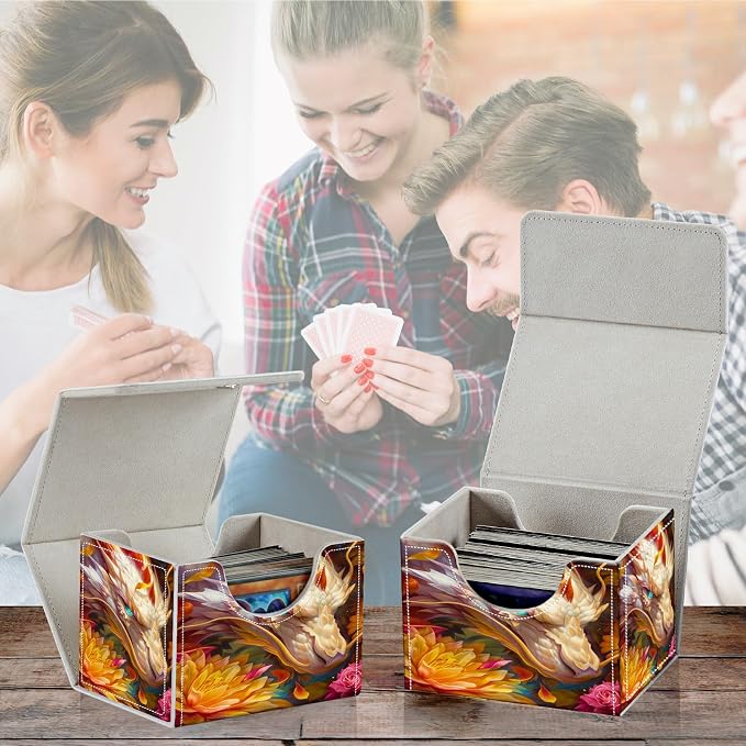 Card Deck Box for MTG, Cards Storage Box Fits 120+ Sleeved, Leather Small Size Strong Magnetic Closing Card Case for Board Games Magic TCG CCG Baseball Collection, Lotus White Dragon