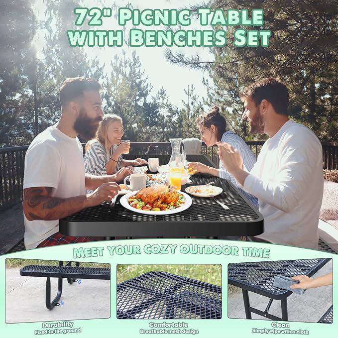 6FT Rectangular Outdoor Picnic Table with Attached Benches, Heavy-Duty Expanded Metal Mesh Patio Table, Commercial-Grade Outdoor Seating for Park, Backyard, Deck, Lawn, Black
