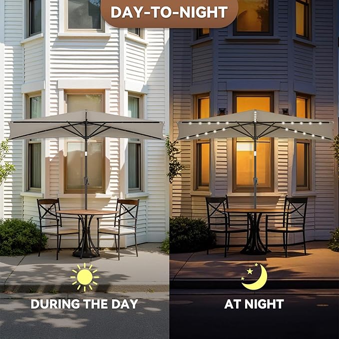 FLAME&SHADE 9 FT Solar Half Patio Umbrella with 25 LED Lights, Half Outdoor Umbrella with Button Tilt, Half Round Table Umbrella For Deck, Backyard, Balconies, Decks, Rvs, UV Protection (Taupe)