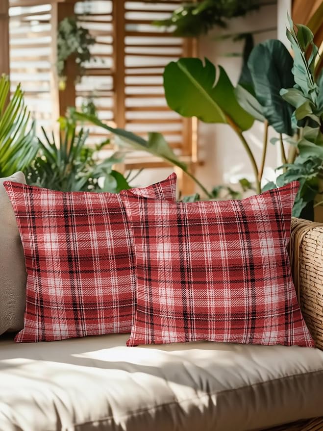 Waterproof Outdoor Pillow Set of 2 Red Checked Plaid Decorative Throw Pillows Cover & Insert 16x16 Inch Pillowcase Stripes Woven Grid Square Pillows for Couch Sofa Bed Patio Furniture Indoor Outdoor