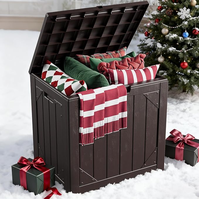 30 Gallon Outdoor Storage Box, Lockable Resin Deck Box for Patio Cushions, Throw Pillows, Garden Tools, Weatherproof Outdoor Storage Bench for Yard, Porch, or Balcony