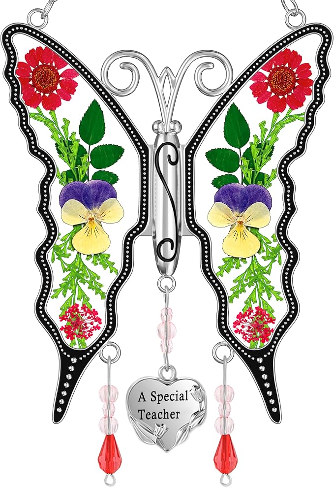 KY&BOSAM Butterfly Suncatcher A Special Teacher Stain Glass Suncatchers for Window Hanging Wind Chime Preserved Flower Wings in Glass and Heart Charm Gift for Teacher Appreciation Graduation Gifts