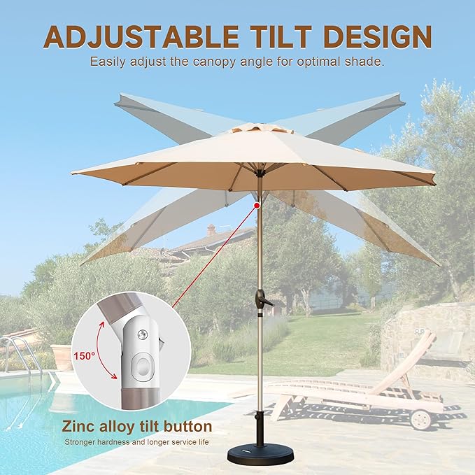 Domi 9FT Patio Umbrella Outdoor Market Umbrella with Silver Aluminum Pole, UV Resistant Canopy, Wind Vent, Tilt & Crank System, Perfect for Patio, Garden, Deck, Pool, Outdoor Dining, Beige