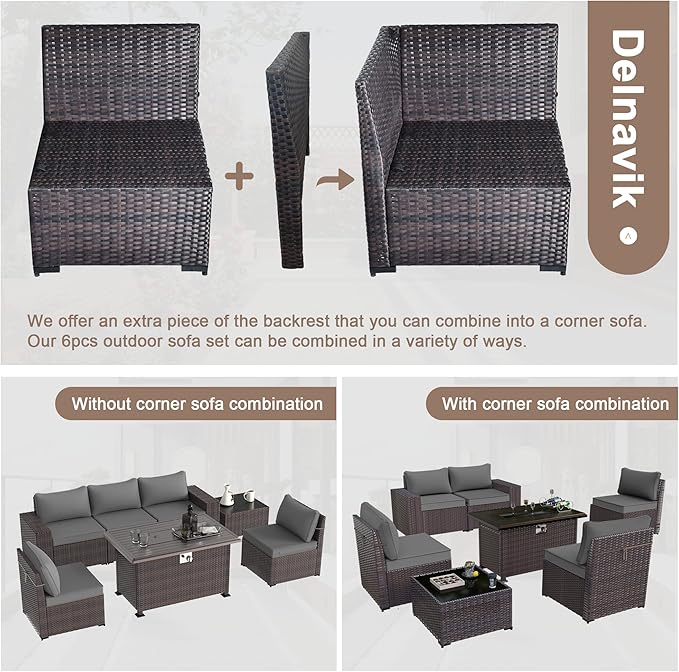 Patio Furniture Sectional Sofa Set 7-Pieces PE Rattan Patio Conversation Set w/43in Gas Fire Pit Table, Outdoor Furniture with 55000 BTU Propane Fire Pit, Grey