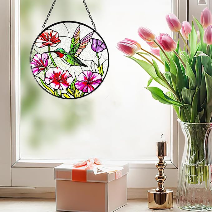 Hummingbirds Suncatcher Stained Glass, Hummingbird Suncatcher Ornament, Hummingbird Suncatcher for Grandma/Mom/Women (Red Flower Bird)