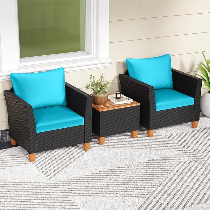 HAPPYGRILL 3 Pieces Patio Conversation Set with Storage Coffee Table, PE Rattan Wicker Patio Furniture Set with Cushions, Outdoor Acacia Wood Sofa Set for Balcony Backyard Porch Garden