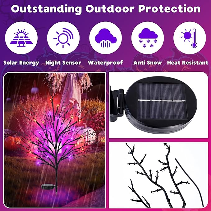 Halloween Solar Pathway Lights 4PCS, Halloween Outdoor Decorations, Artificial Tree Waterproof LED Lights for Lawn Yard Garden Driveway Porch Walkway, Auto On/Off