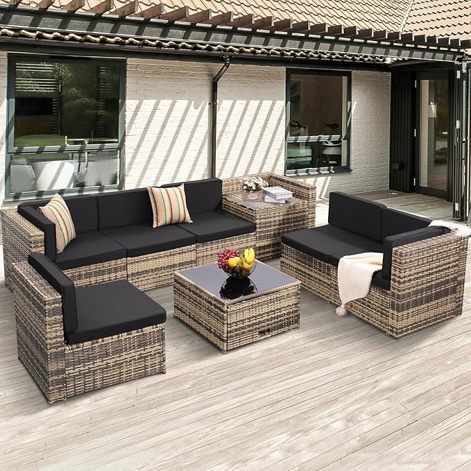 8-Piece Outdoor Wicker Patio Furniture Set with Glass Top Table Featuring Hidden Storage for Backyard, Garden, Deck, or Porch(Black)