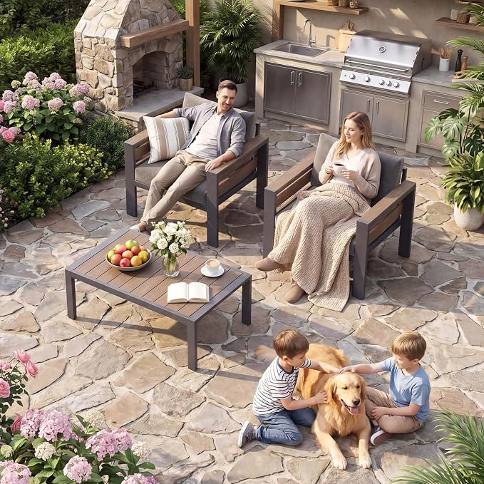 DoCred 2 Pcs Aluminum Armchairs with Coffee Table for Patio Furniture Set | Patio Conversation Set Outdoor Sofa Set for Porch, Balcony, Deck, Yard, Poolside