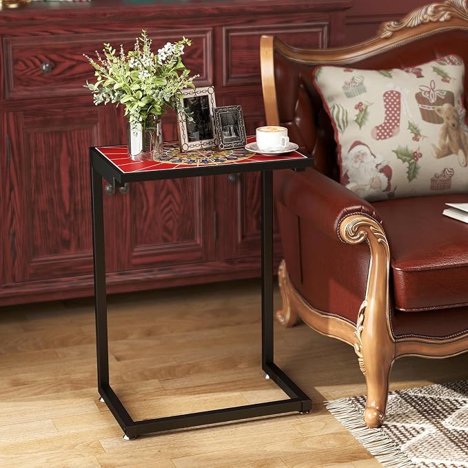Tangkula C-Shaped Outdoor Side Table, w/Ceramic Top & Anti-Rust Metal Frame, Small Patio End Table for Couch, Sofa & Bed, Outdoor & Indoor Accent Furniture for Living Room, Poolside, Balcony (2, Red)