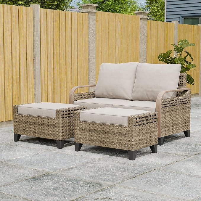 Modern Wicker Patio Furniture Set, Rattan Outdoor Conversation Set with Comfortable Cushions, 2 Seat Loveseat and 2 Ottomans, 3 Pieces, Brown/Gray